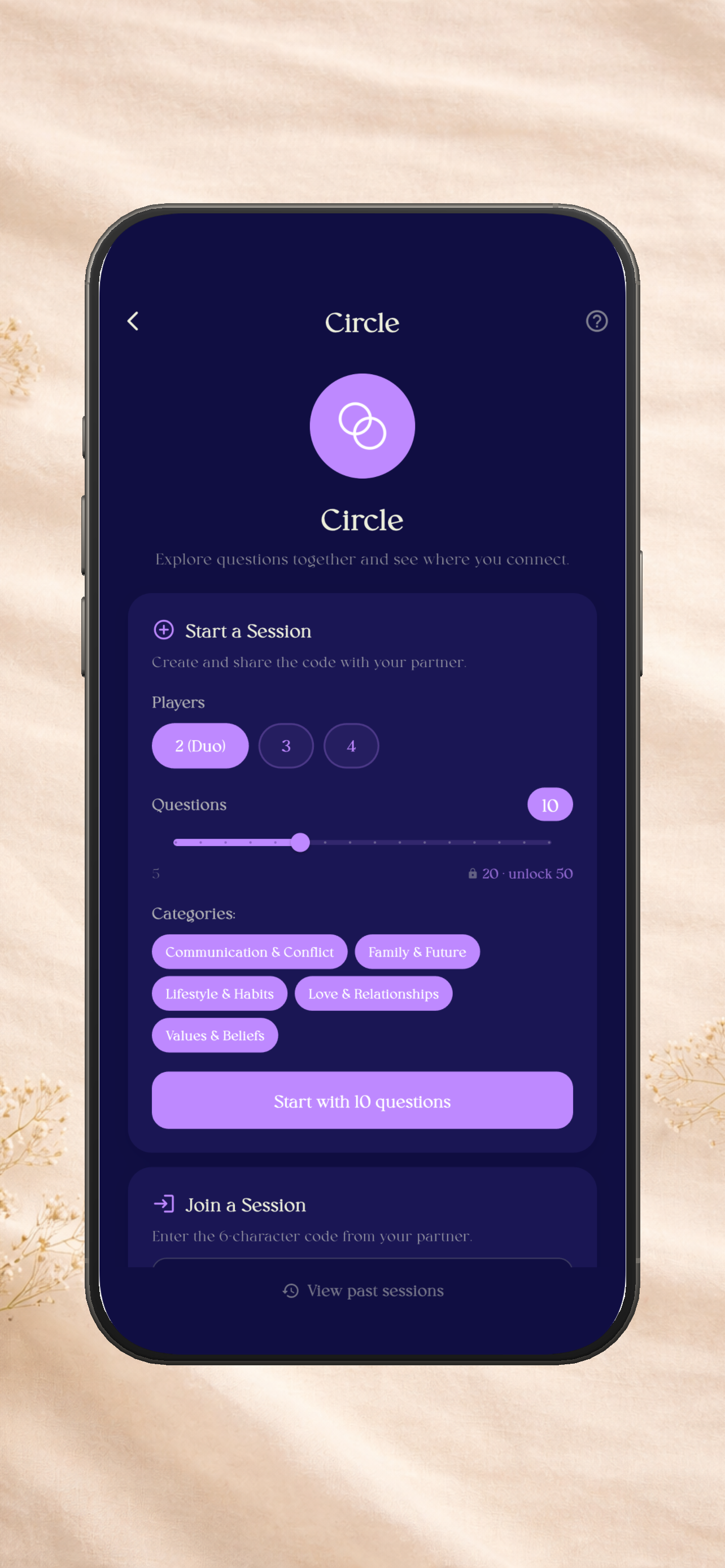 Starting a Circle session in the Catharsis Cards app